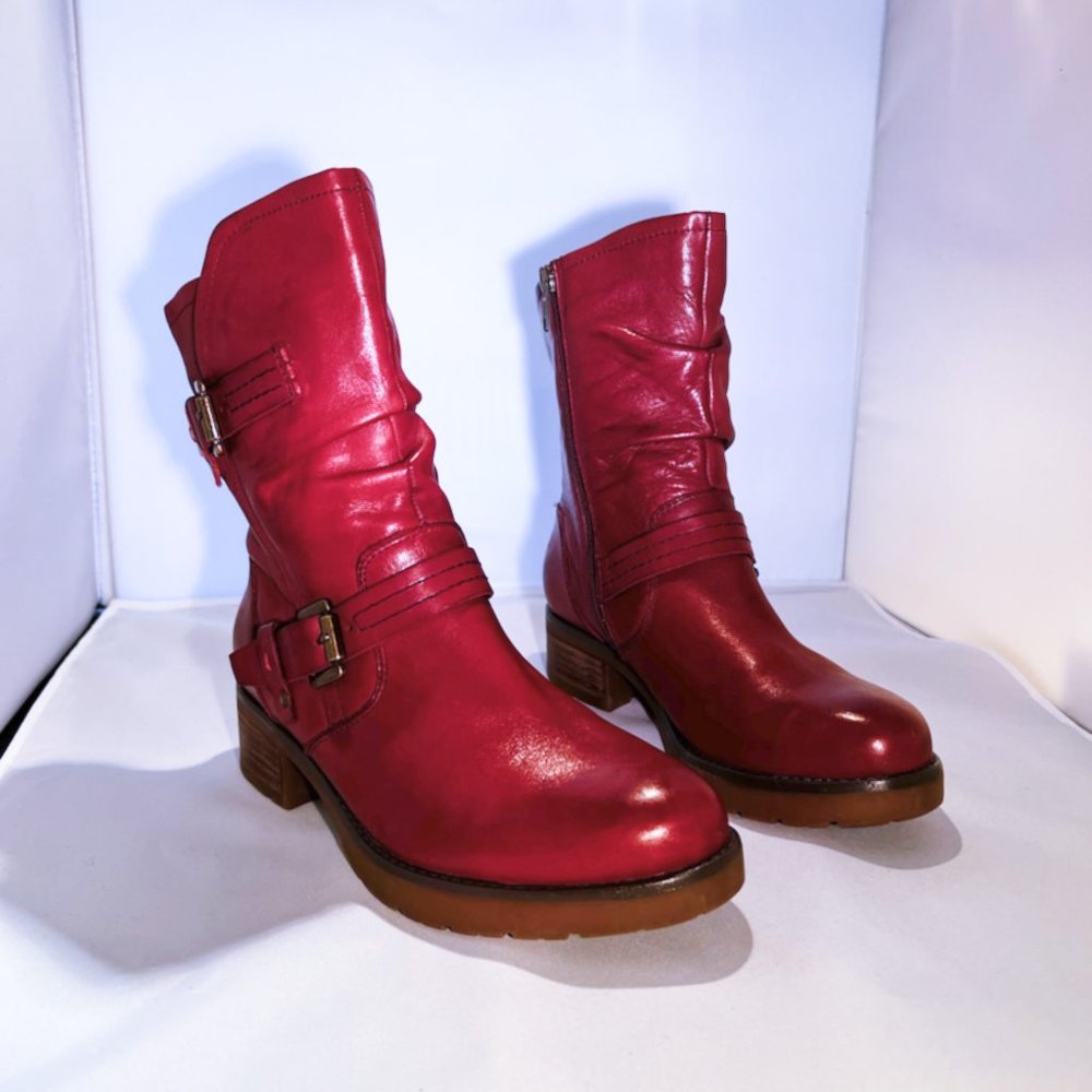 Earth deep red/cranberry leather moto boots - Picture 3 of 6